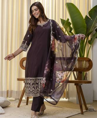 brown silk blend festive kurta set 1