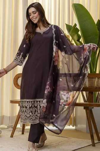 brown silk blend festive kurta set