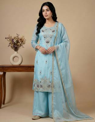 sky-blue silk festive kurta set 1