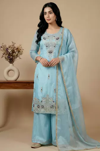 sky-blue silk festive kurta set