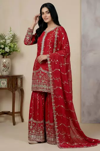 red silk festive kurta set
