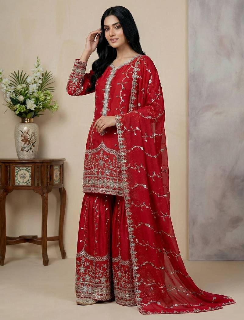 red silk festive kurta set