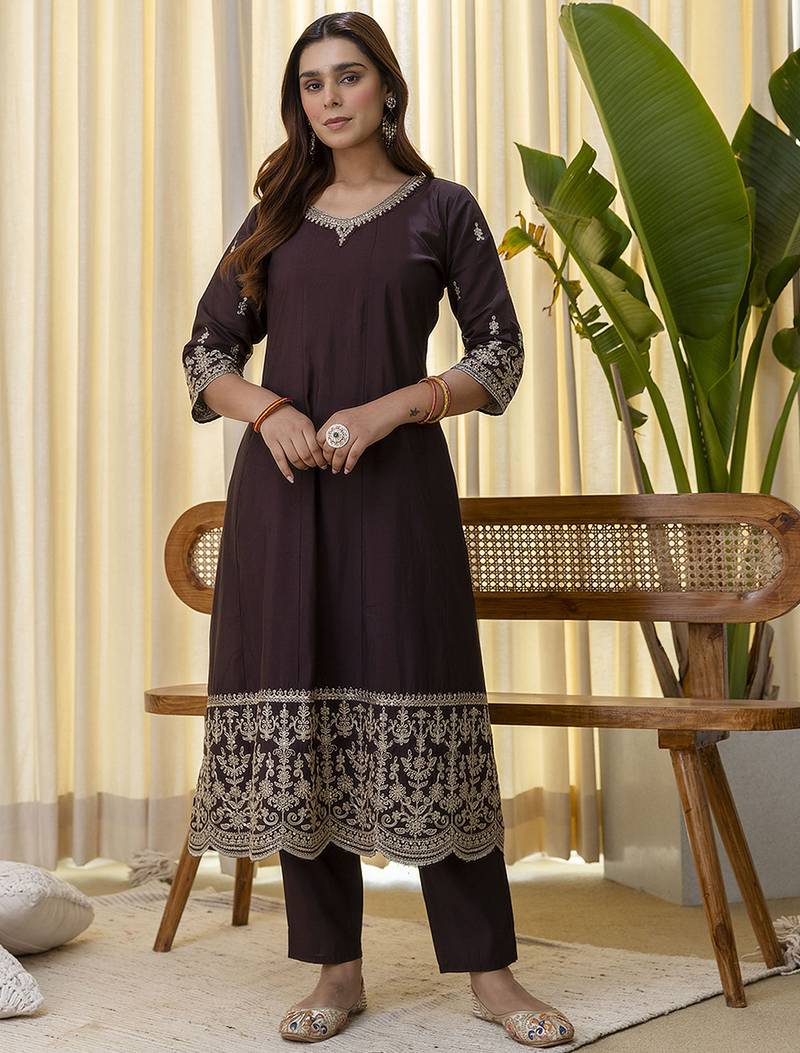brown silk blend festive kurta set