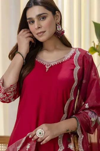 red silk blend festive kurta set