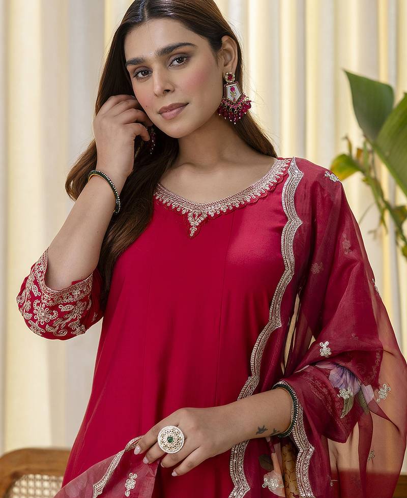 red silk blend festive kurta set