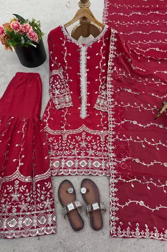 red silk festive kurta set