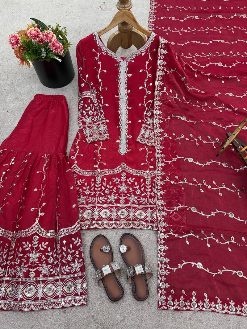 red silk festive kurta set