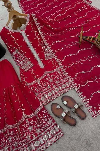 red silk festive kurta set