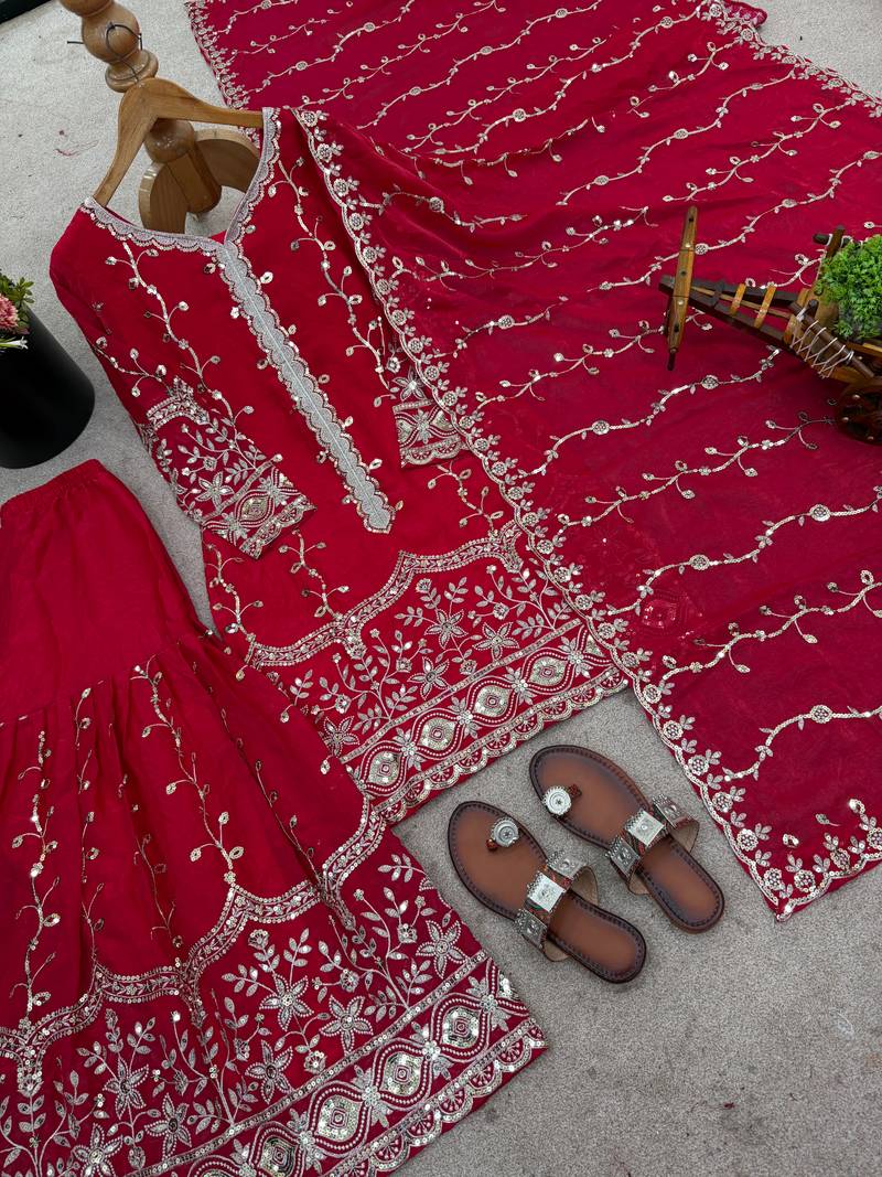 red silk festive kurta set