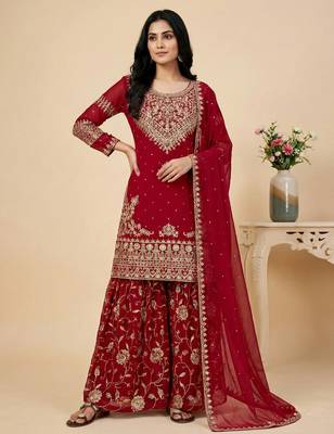 red georgette festive kurta set 1