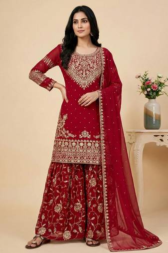 red georgette festive kurta set