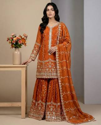 orange silk festive kurta set 1
