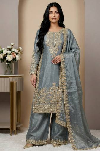 grey silk festive kurta set