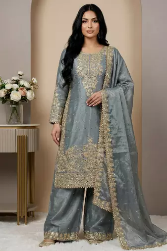 grey silk festive kurta set