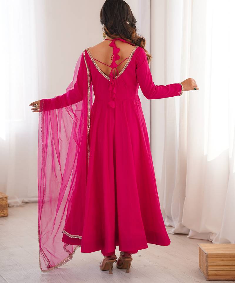 rani-pink chanderi silk festive kurta set