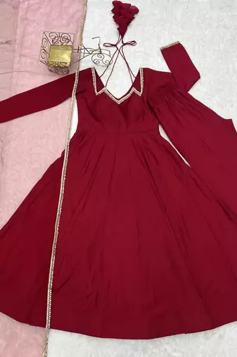 maroon chanderi silk festive kurta set