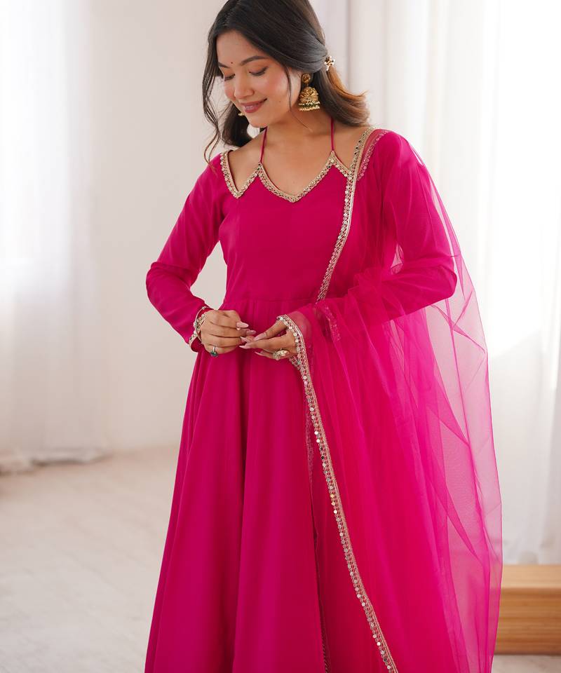 rani-pink chanderi silk festive kurta set