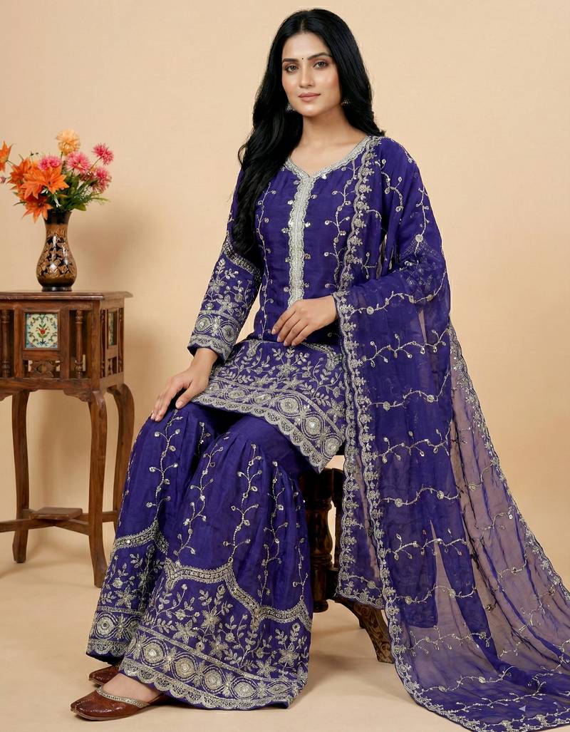 blue silk festive kurta set