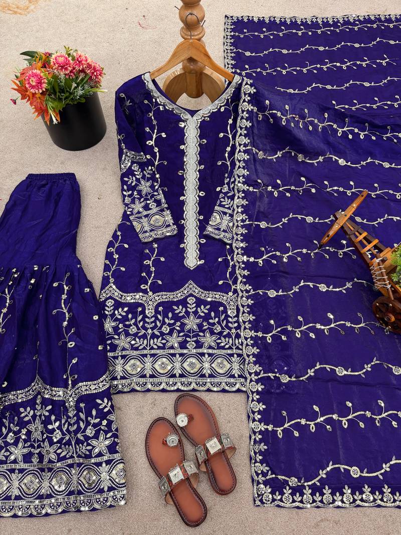 blue silk festive kurta set