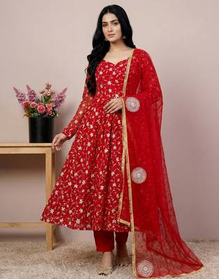 red georgette festive kurta set 1