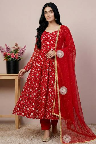 red georgette festive kurta set