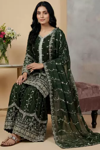 dark-green silk festive kurta set