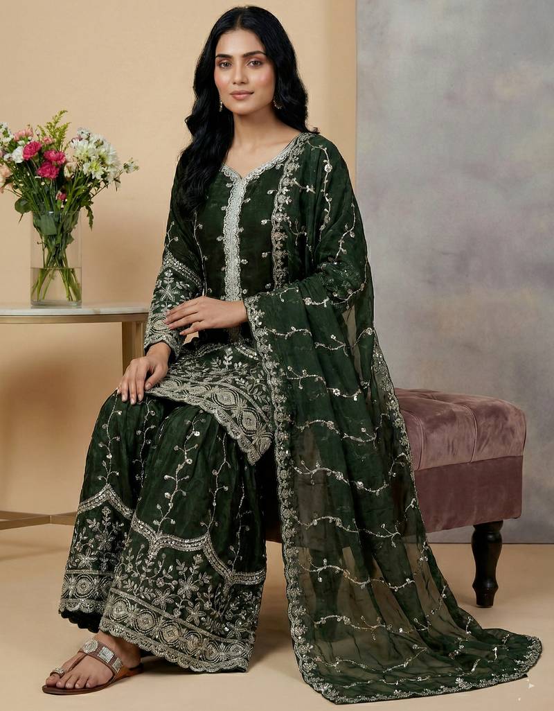 dark-green silk festive kurta set
