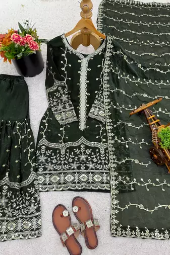 dark-green silk festive kurta set