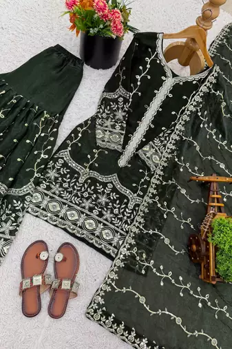 dark-green silk festive kurta set