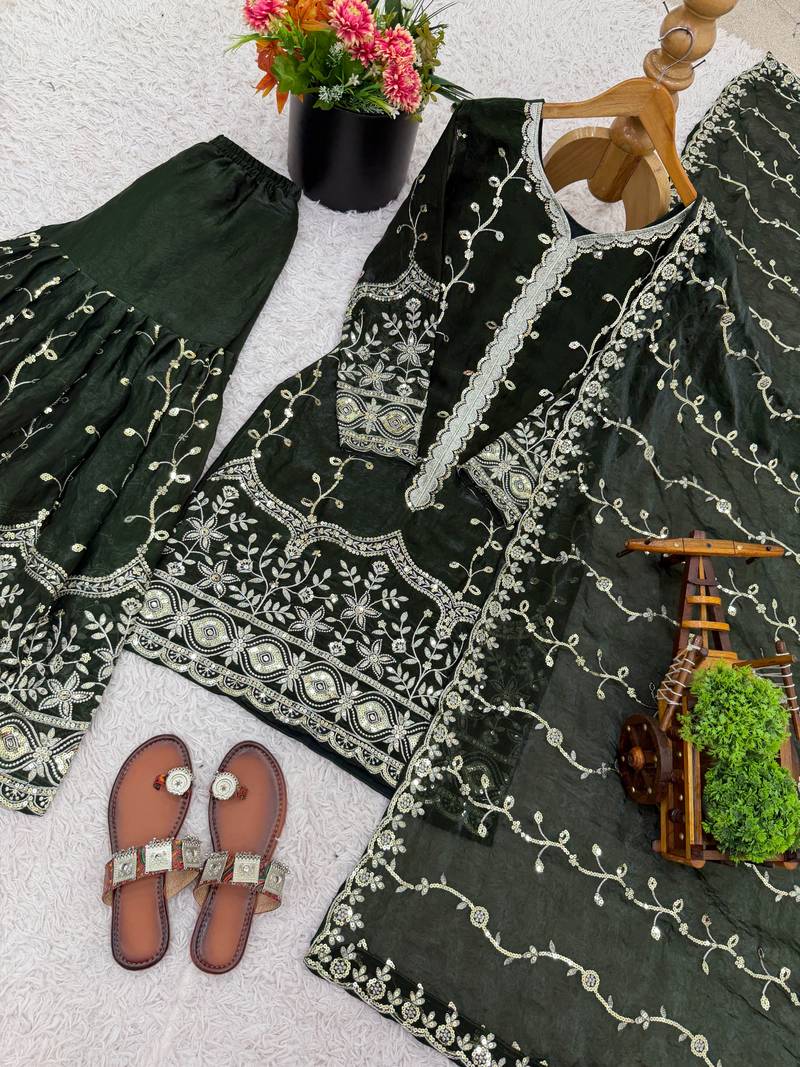 dark-green silk festive kurta set