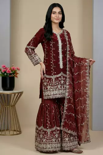 maroon silk festive kurta set