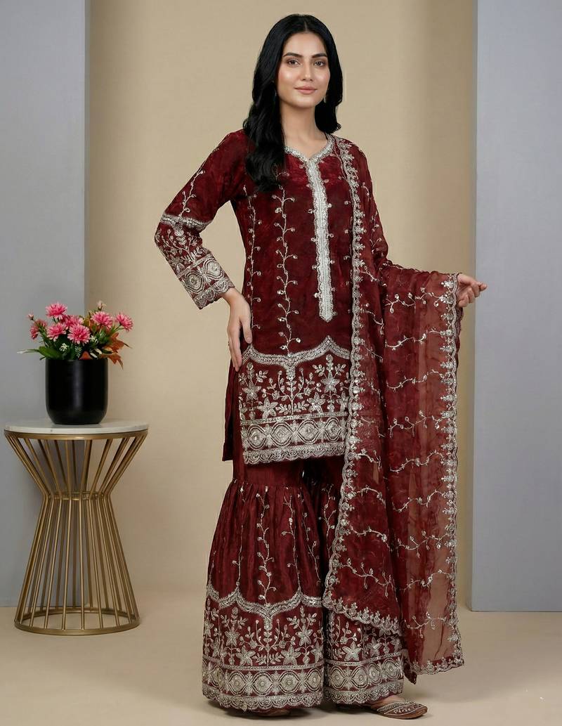 maroon silk festive kurta set