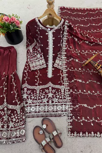 maroon silk festive kurta set