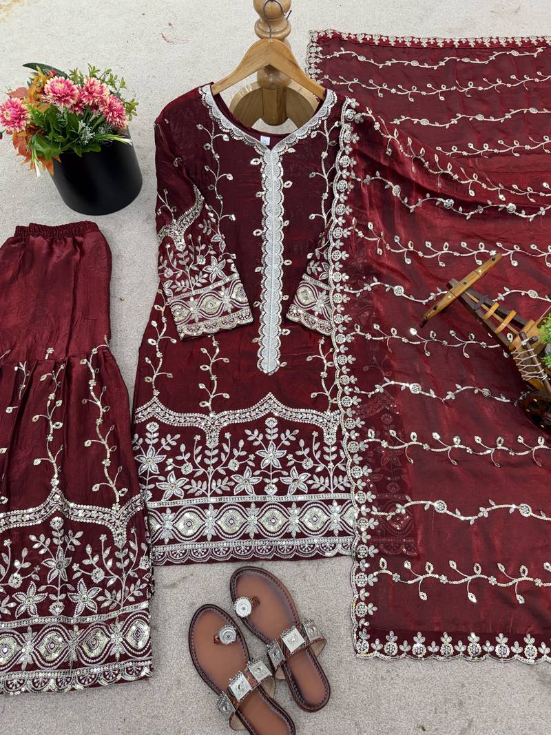 maroon silk festive kurta set