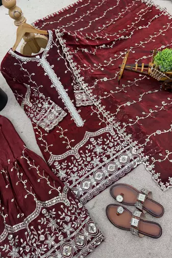 maroon silk festive kurta set