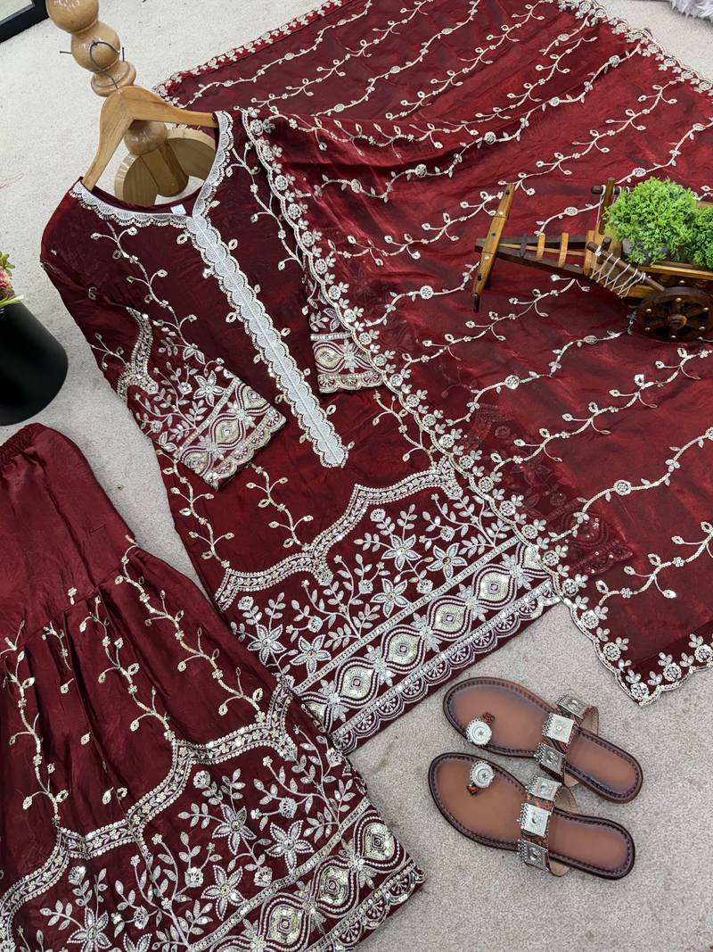 maroon silk festive kurta set
