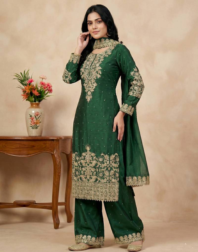 green silk festive kurta set