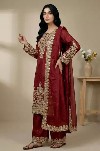 red silk festive kurta set