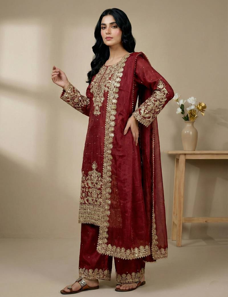 red silk festive kurta set