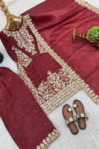 red silk festive kurta set