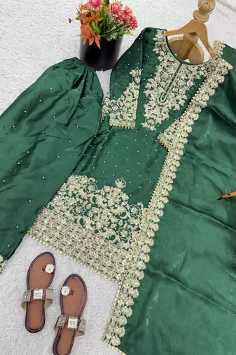 green silk festive kurta set