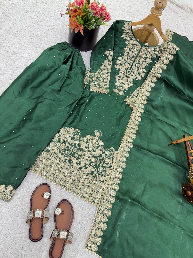 green silk festive kurta set