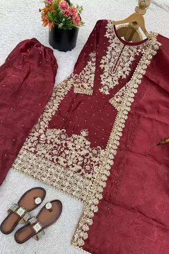 red silk festive kurta set