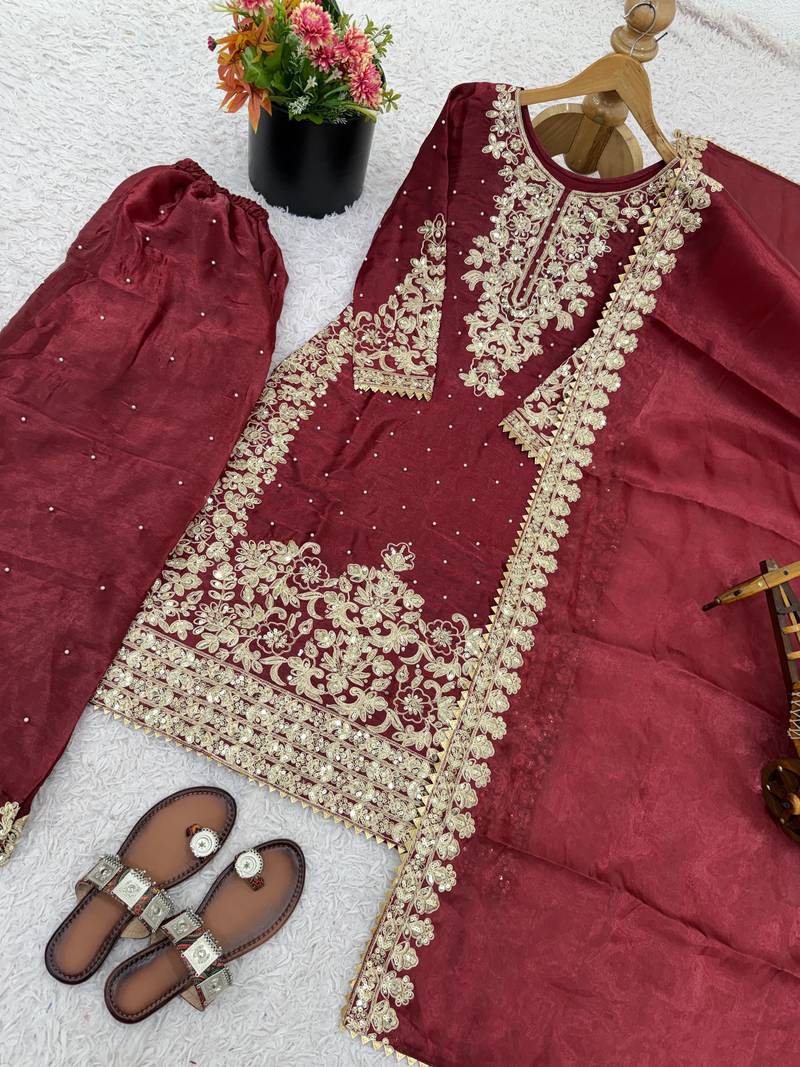 red silk festive kurta set