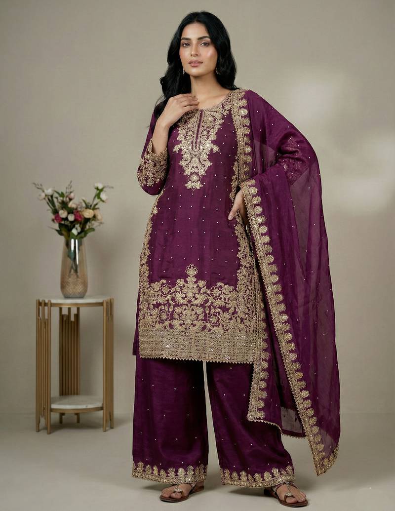 wine silk festive kurta set