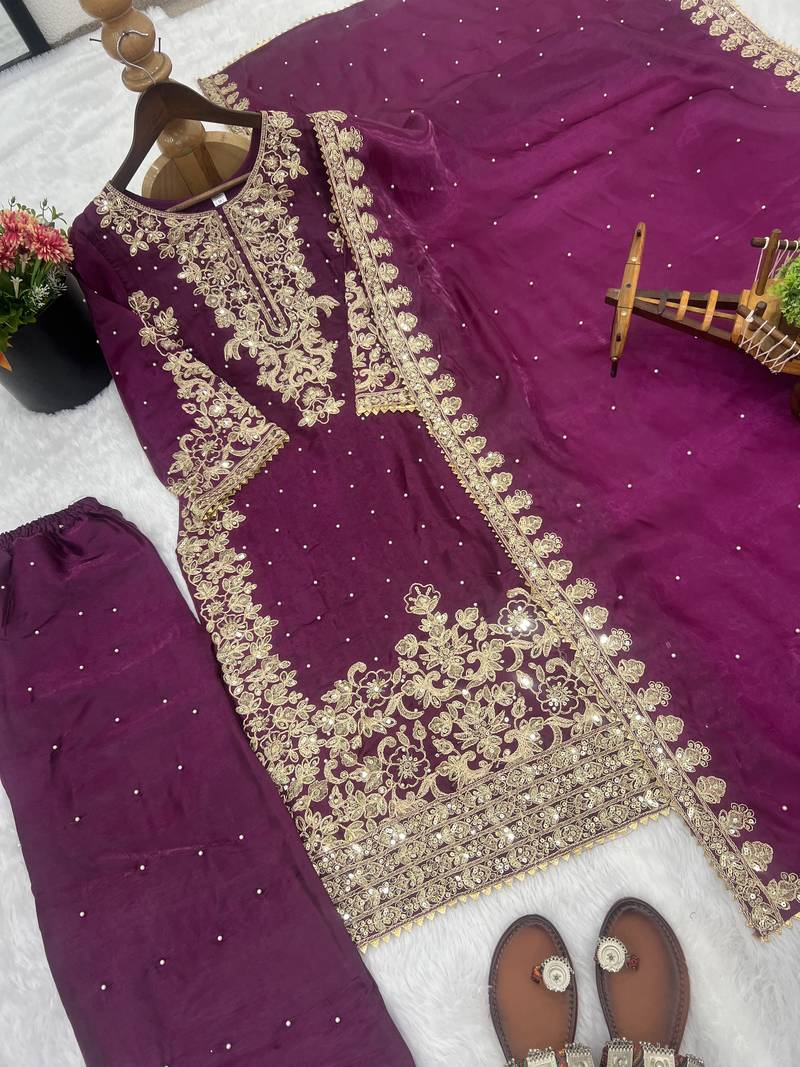 wine silk festive kurta set