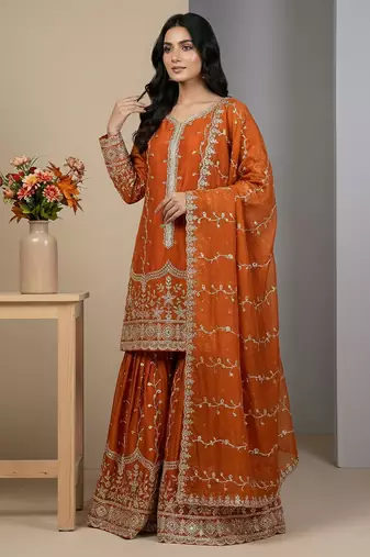 orange silk festive kurta set