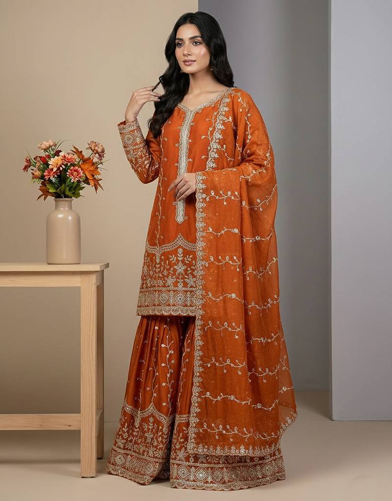 orange silk festive kurta set