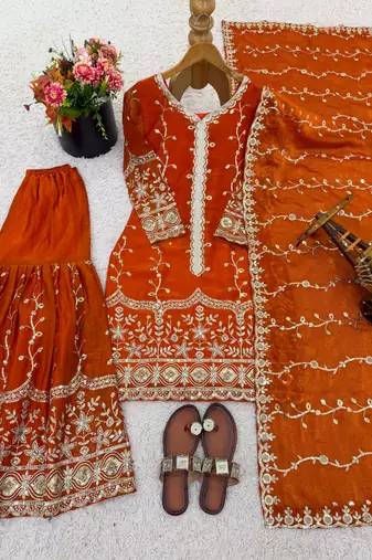 orange silk festive kurta set