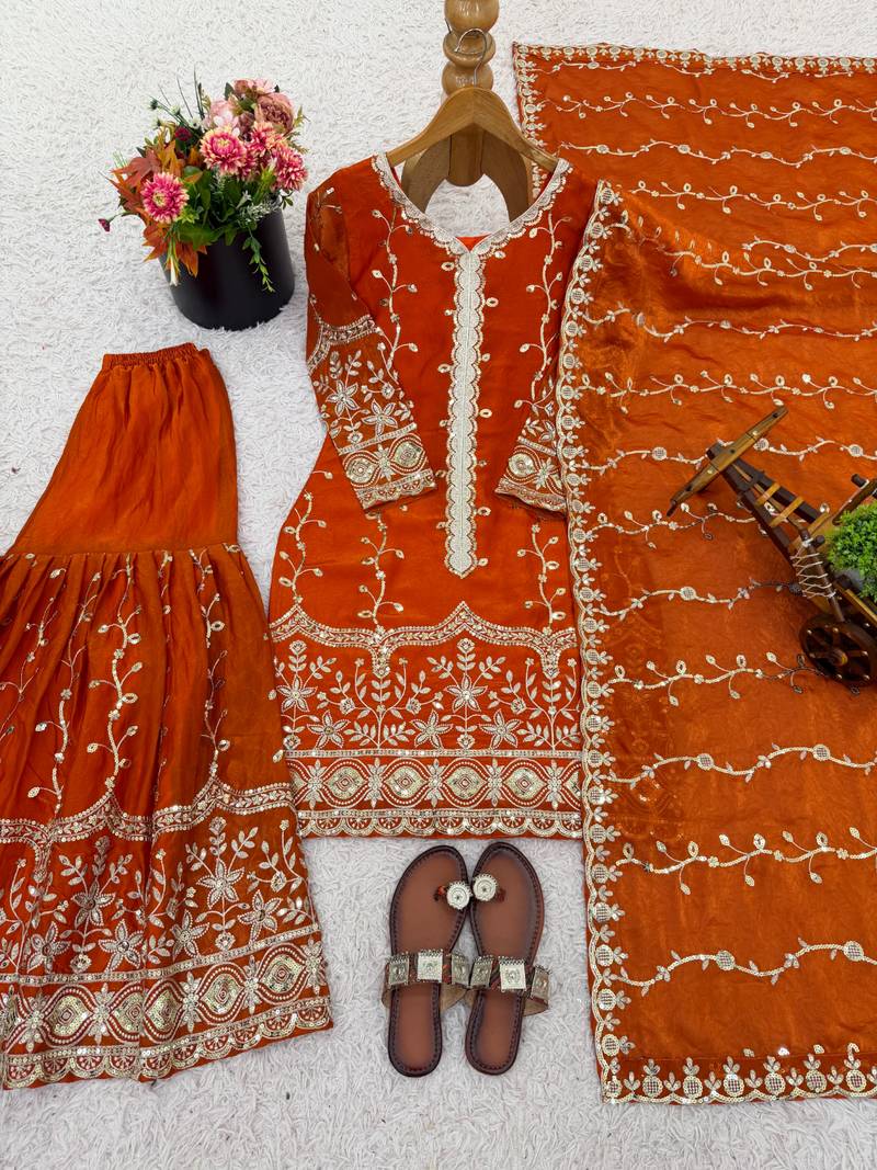 orange silk festive kurta set